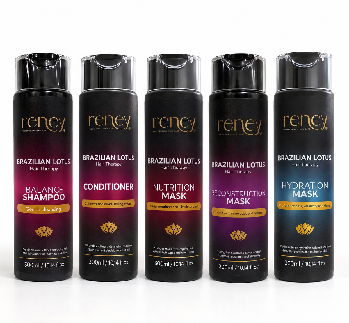 Kit Reney Brazilian Lotus Hair Therapy – Champú, Acondicionador y Mascarillas Profesionales (Hidratación, Nutrición y Reconstrucción)