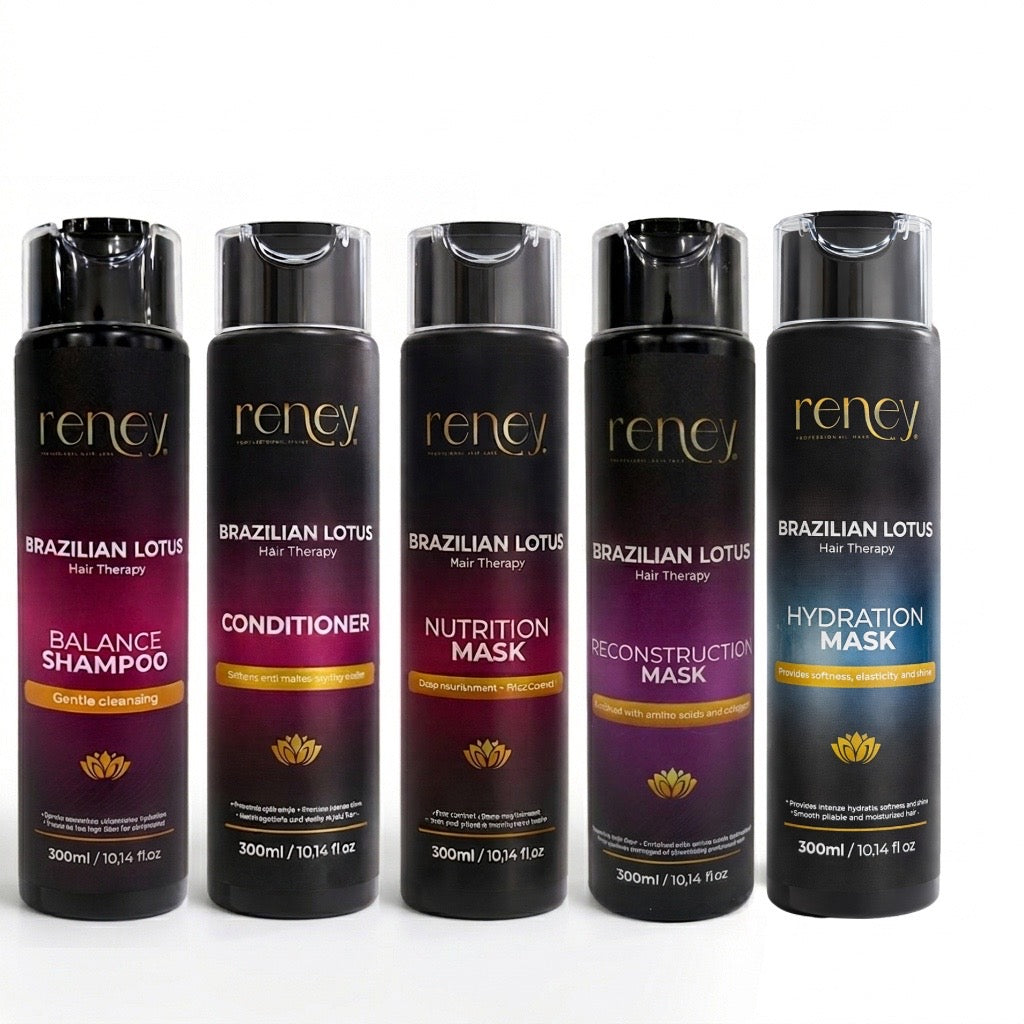 Kit Reney Brazilian Lotus Hair Therapy – Champú, Acondicionador y Mascarillas Profesionales (Hidratación, Nutrición y Reconstrucción)