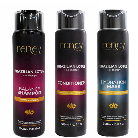 Kit RENEY Brazilian Lotus Hair Therapy – Shampoo Balance + Acondicionador + Mascarilla Hidratante (300ml cada uno)