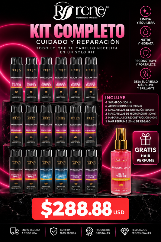 Kit Reney Brazilian Lotus – 6 Shampoos + 6 Acondicionadores + 6 Mascarillas + Perfume Gratis