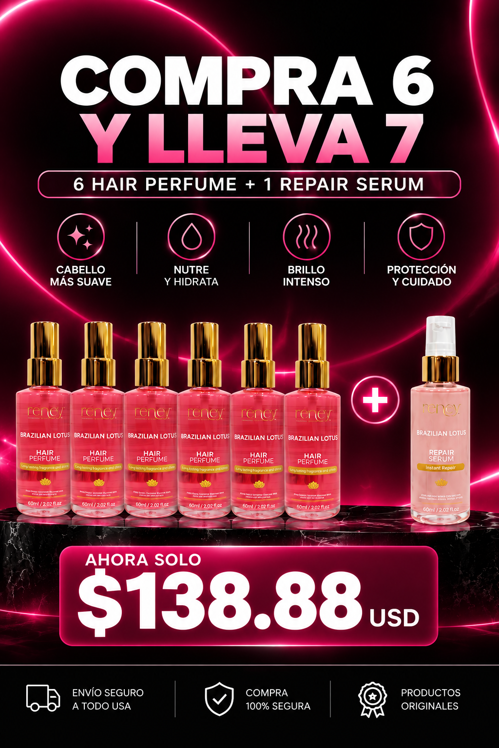 Kit Reney Brazilian Lotus – 6 Hair Perfumes + 1 Repair Sérum