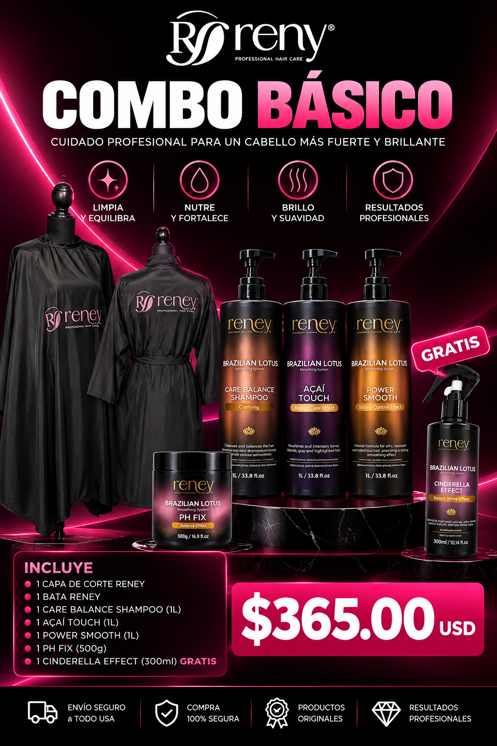 Combo Básico Reney Brazilian Lotus – Shampoo + Açaí + Power Smooth + PH Fix + Regalos