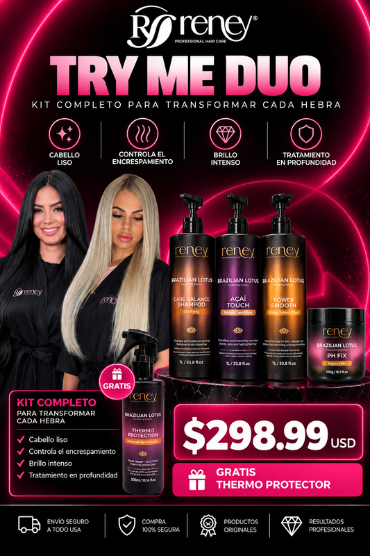 Kit Reney Brazilian Lotus Try Me – Shampoo + Açaí + Power Smooth + PH Fix + Termoprotector